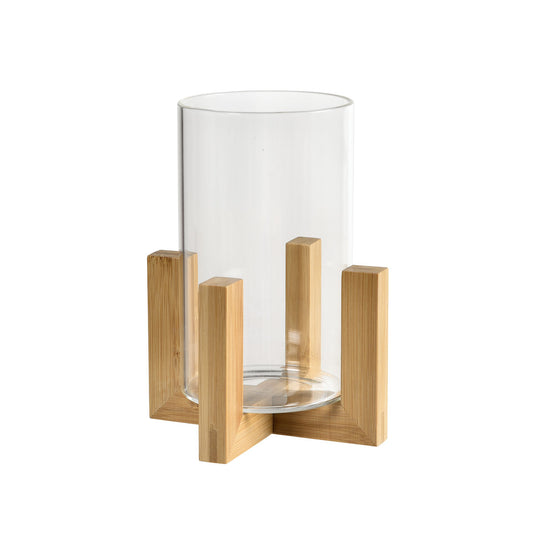Die Vase Esme von Duni GmbH (120 x 120 x 170 mm) besteht aus einem Zylinder aus klarem Glas auf einem Holzständer mit vier vertikalen Stützen, der Holz und Glas in einem minimalistischen, modernen Stil kombiniert. Die Packung enthält ein Stück.