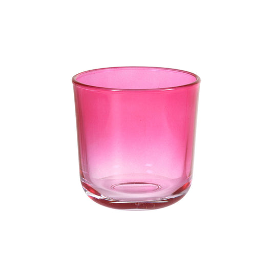 Der Ouri 81 x Ø 72,5 mm fuchsia Becher von Duni GmbH (Glas 66160) ist ein transparentes, zylindrisches Glas mit einem dicken Boden, abgebildet auf weißem Hintergrund. Packung: 1 Stück.