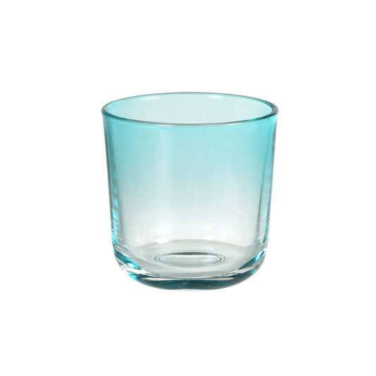 Abgebildet ist ein mintblauer Ouri Glas Becher (81 x Ø 72,5 mm, Duni GmbH, 66160) mit einem dicken 5 mm Boden vor einem schlichten weißen Hintergrund.