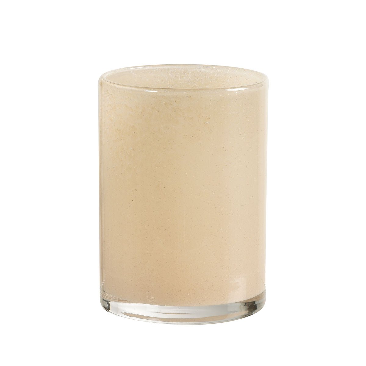 A glass filled with a frothy, light beige liquid stands in front of a white background, gently illuminated by the Silky 115 x 85 mm LED candle holder glass from Duni GmbH.