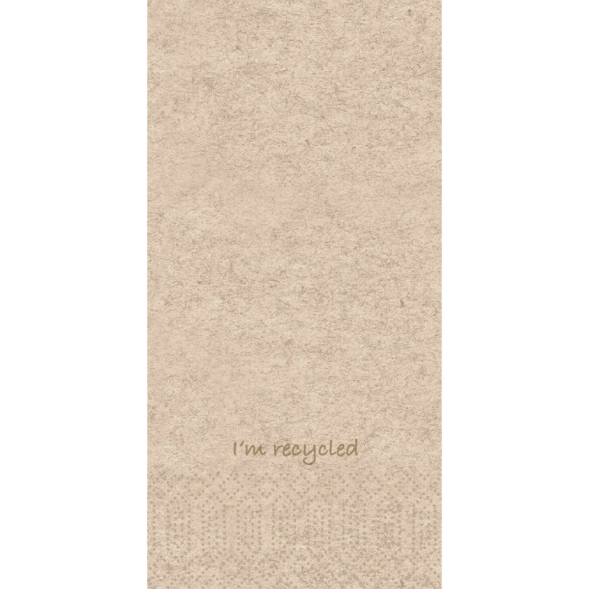 Eine hellbraune, strukturierte Serviette aus der I'm recycled 53057 (Packung, 300 Servietten) der Duni GmbH mit einem dezent gemusterten Rand und dem Schriftzug I'm recycled" in handschriftlicher Schrift - perfekt für umweltfreundliche Servietten.