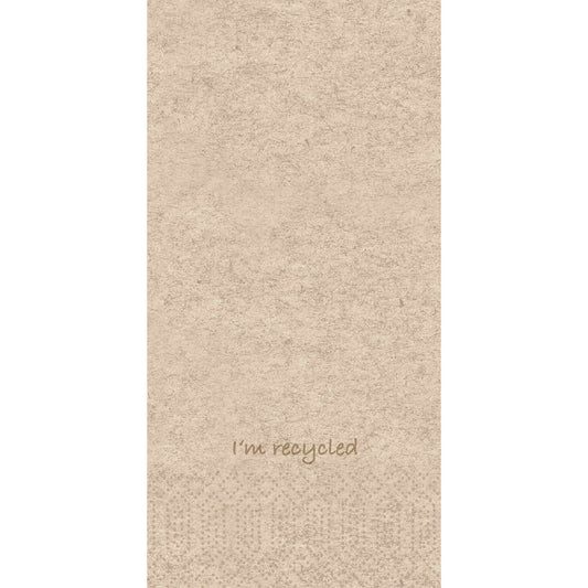 Eine hellbraune, strukturierte Serviette aus der I'm recycled 53057 (Packung, 300 Servietten) der Duni GmbH mit einem dezent gemusterten Rand und dem Schriftzug I'm recycled" in handschriftlicher Schrift - perfekt für umweltfreundliche Servietten.