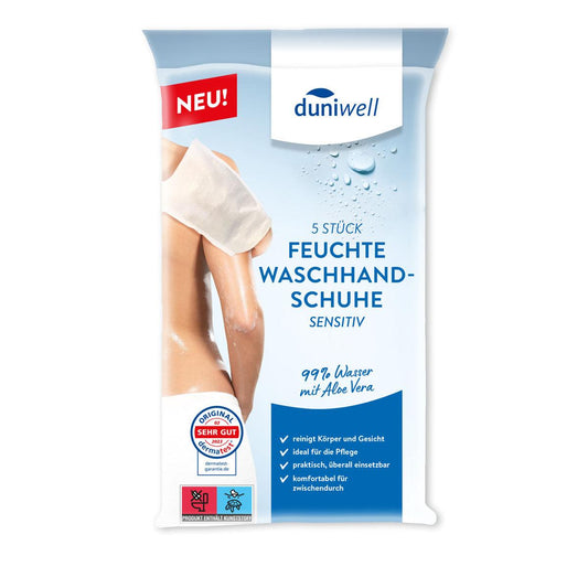 Abgebildet ist eine Packung der Duni GmbH feuchte Waschhandschuhe (15 x 22 cm, weiß, 5 Stück). Die Verpackung zeigt eine Personenwaschung, deutschen Text, und Hervorhebungen wie "99% Wasser mit Aloe Vera" und "sensitive". Ideal als Einwegprodukt.