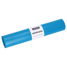 Eine Rolle DEISS 20771 (575x1000 mm, Typ 70, blau) Müllsäcke von EMIL DEISS KG (GmbH + Co.), Packung mit 25 Stück und weißem Etikett mit "DEISS" und "Abfallsäcke" auf weißem Hintergrund - robust für professionelle Sauberkeit.