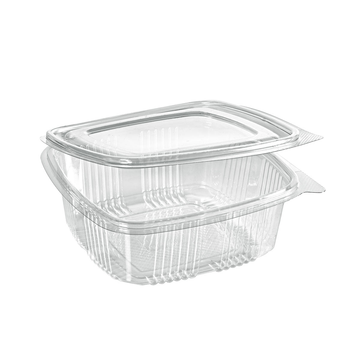 Der rPET Deli Hinged Transparent von Duni GmbH ist ein klarer, rechteckiger Lebensmittelbehälter mit einem Scharnierdeckel. Er wird aus recyceltem PET hergestellt und verfügt über geriffelte Seiten und Kanten für eine umweltfreundliche und sichere Aufbewahrung von Lebensmitteln.