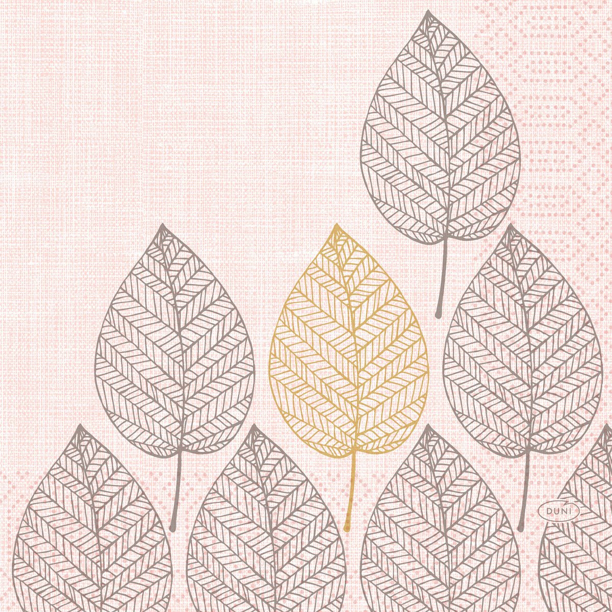 A group of bordered aspen leaves with geometric patterns in gray and a golden accent stands out against a light pink textured background. Perfect for table decoration, these Duni GmbH napkins 33x33 3-ply (1/4 Aspen, pack of 50 pieces) are ideal for any occasion.
