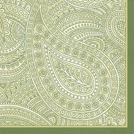 Die Duni GmbH Servietten 40x40 4-lagig Klassik Paisley zeigen ein elegantes, grünes Paisleymuster mit Blumen- und Rankenmotiven, eingefasst in kräftigem Grün. Jede Packung enthält 50 strapazierfähige Servietten, perfekt für stilvoll gedeckte Tische.