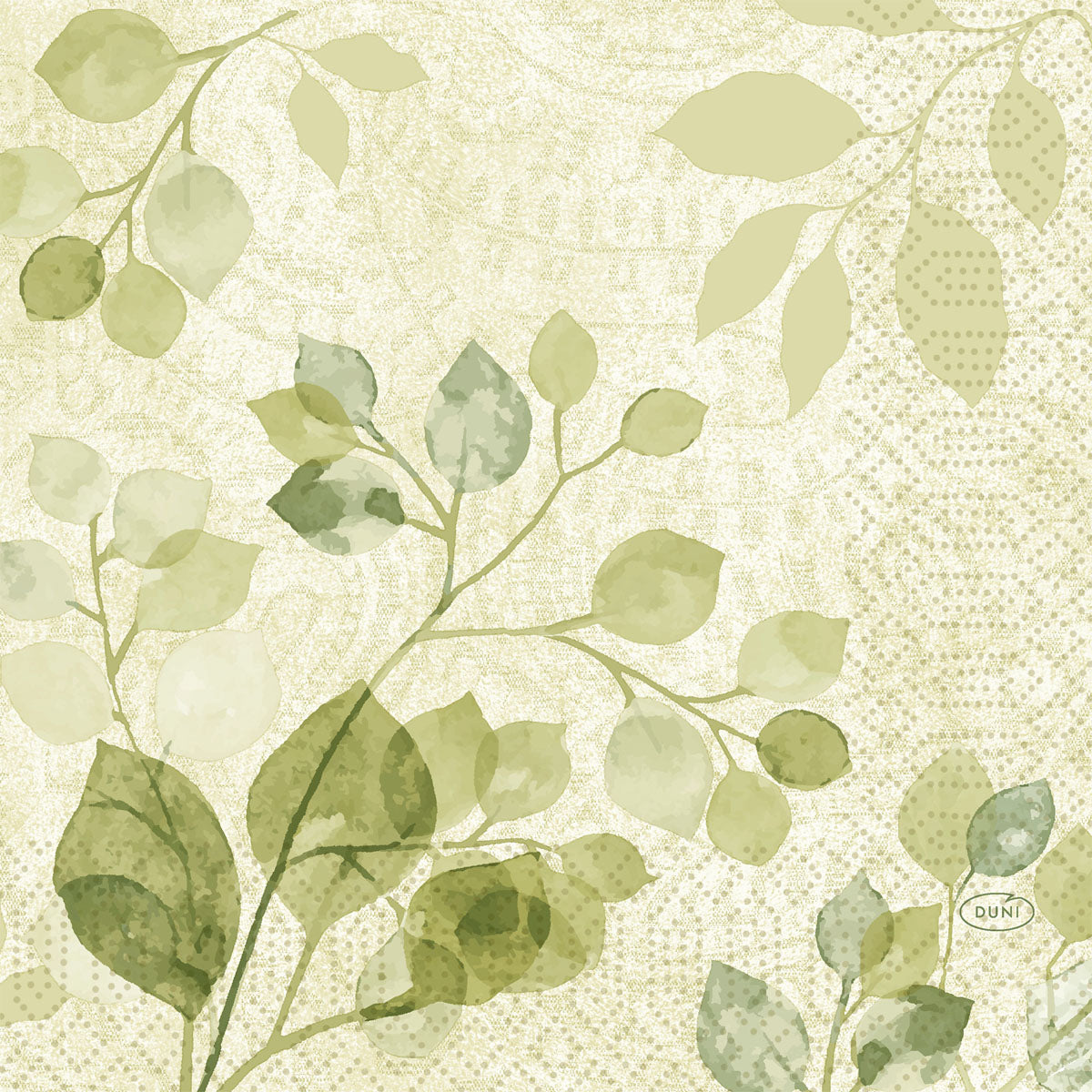 Die Duni GmbH Servietten 33x33 3lagig 1/4 Paisley Blätter (50 Stück) zeigen ein Aquarelldesign mit grünen, blättrigen Zweigen auf hellem Beige und subtilen Paisleymustern und bieten einen weichen, natürlichen Look mit zarten, strukturierten Details.