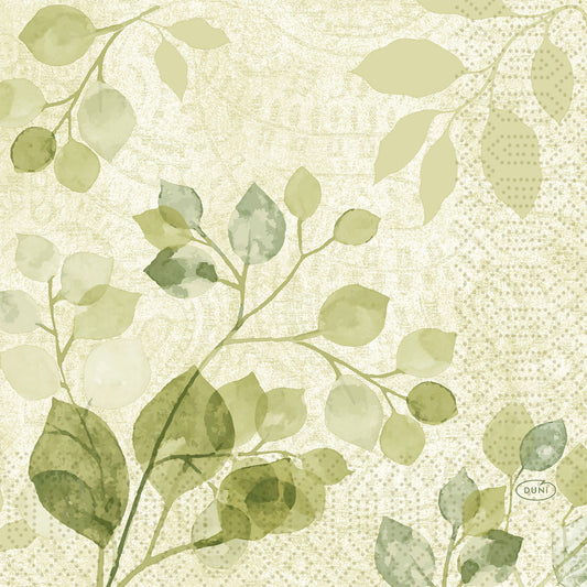 Die Duni GmbH Servietten 33x33 3lagig 1/4 Paisley Blätter (50 Stück) zeigen ein Aquarelldesign mit grünen, blättrigen Zweigen auf hellem Beige und subtilen Paisleymustern und bieten einen weichen, natürlichen Look mit zarten, strukturierten Details.
