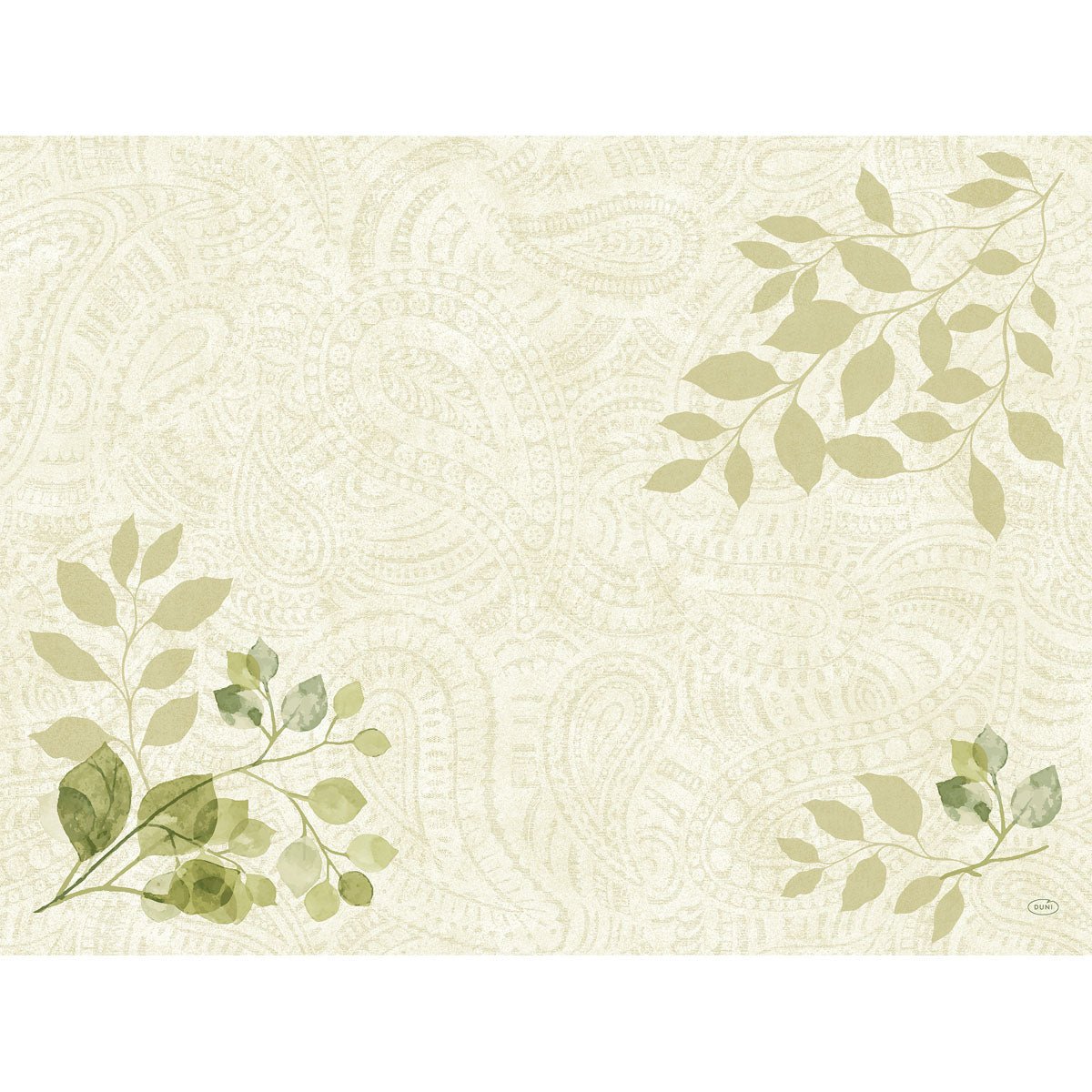 A light beige background with subtle paisley leaves in green and muted olive adorns the Bio-Dunicel sets 30x40 by Duni GmbH (package of 100 pieces), a biodegradable table set in botanical design.