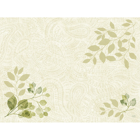 Ein hellbeiger Hintergrund mit dezenten Paisley-Blättern in Grün und gedecktem Oliv ziert das Bio-Dunicel-Sets 30x40 von Duni GmbH (Packung 100 Stück), ein biologisch abbaubares Tischset im botanischen Design.