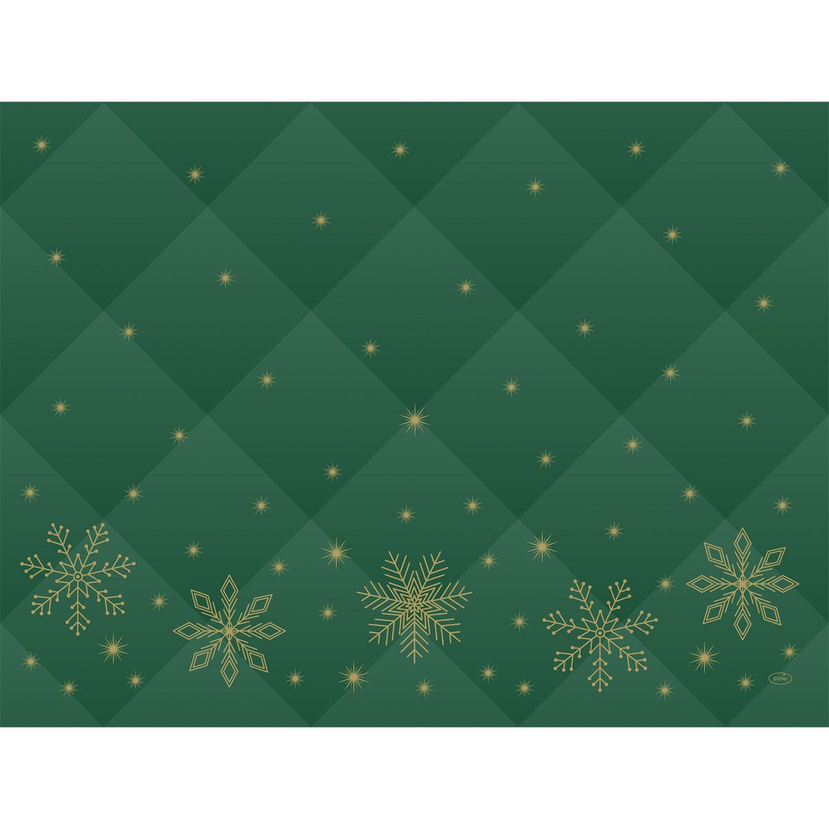 Bring elegance to your table with the Duni GmbH paper placemats 30x40cm Rhombus green. Featuring a quilted diamond pattern, golden snowflakes, and delicate golden stars - especially at the bottom edge. The package contains 250 pieces.