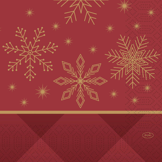 Roter Hintergrund mit goldenen Schneeflocken und Sternen, eine goldene Linie trennt den oberen Bereich von einem dunkleren roten geometrischen Punktmuster - ideal für Servietten 33x33 3-lagig 1/4 Rhombus bordeaux (50 Stück) von Duni GmbH. In der rechten unteren Ecke steht "Duni".