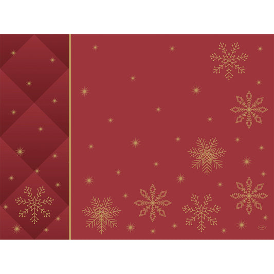 Ein roter Hintergrund mit goldumrandeten Schneeflocken und kleinen goldenen Sternen sowie ein kastanienbraunes Rautenmuster auf der linken Seite sorgen für einen eleganten Look - ideal für die Präsentation der Duni GmbH Bio-Dunicel-Sets 30x40 Rhombus bordeaux (100 Stück).