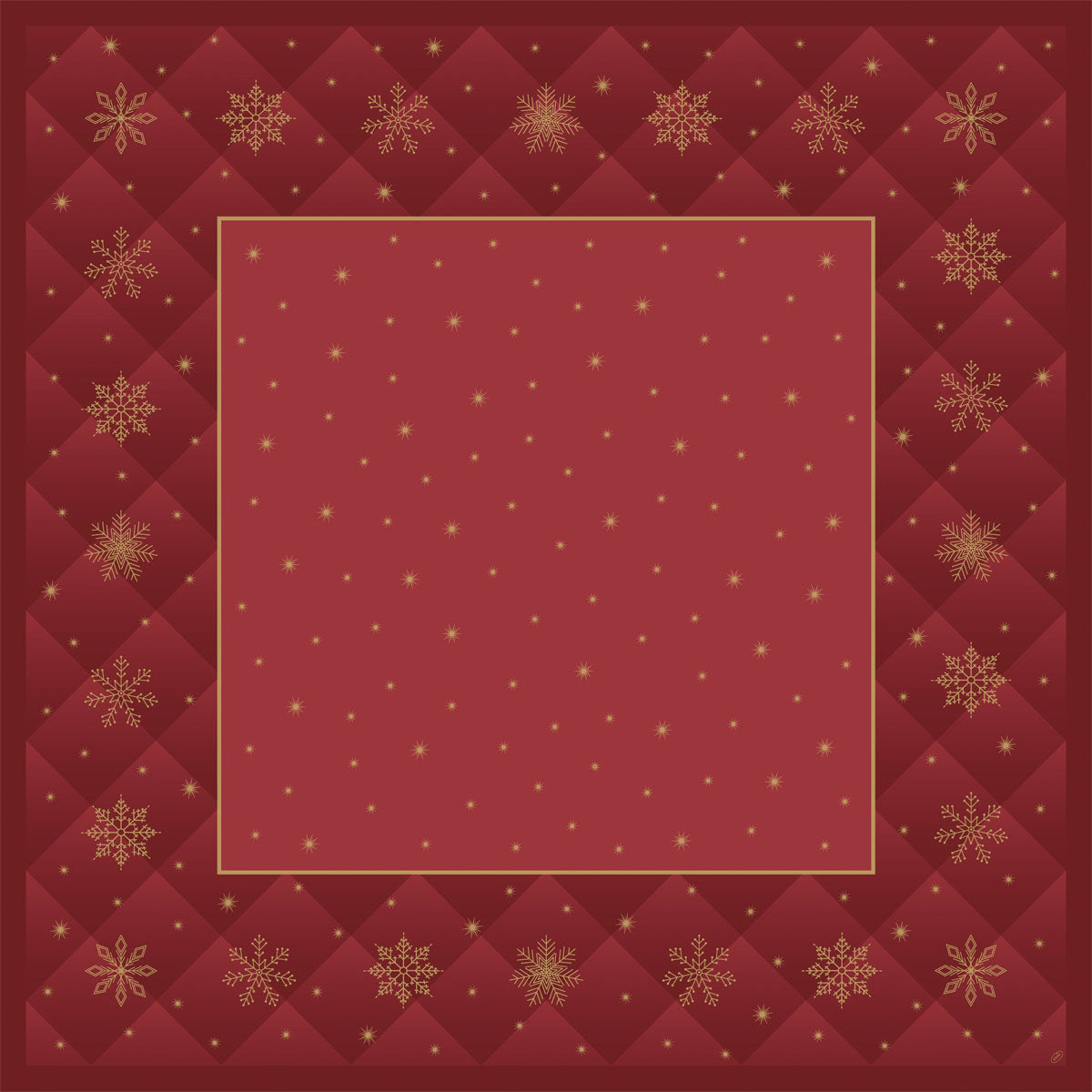 Ein rotes Quadrat mit goldener Umrandung und weihnachtlichen Schneeflocken - ideal, um Ihre Duni GmbH Bio-Dunicel-Mitteldecke 84x84cm Rhombus bordeaux (20 Stück) als nachhaltigen Tischbelag für die Feiertage zu verwenden.