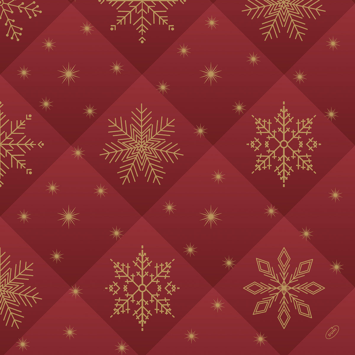 Die Dunilin-Servietten 48x48cm Rhombus bordeaux der Duni GmbH sind mit goldenen Schneeflocken und Starbursts auf einem gesteppten roten Hintergrund mit einem Rautenraster versehen - ideal, um Ihrem Tisch Luxus zu verleihen. Packung (36 Stück).