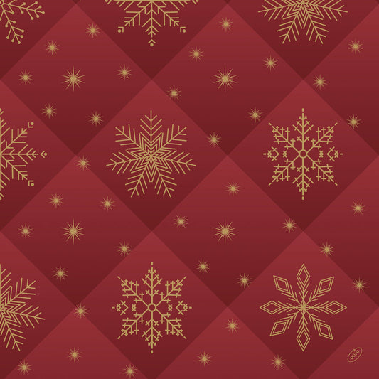 Die Dunilin-Servietten 48x48cm Rhombus bordeaux der Duni GmbH sind mit goldenen Schneeflocken und Starbursts auf einem gesteppten roten Hintergrund mit einem Rautenraster versehen - ideal, um Ihrem Tisch Luxus zu verleihen. Packung (36 Stück).