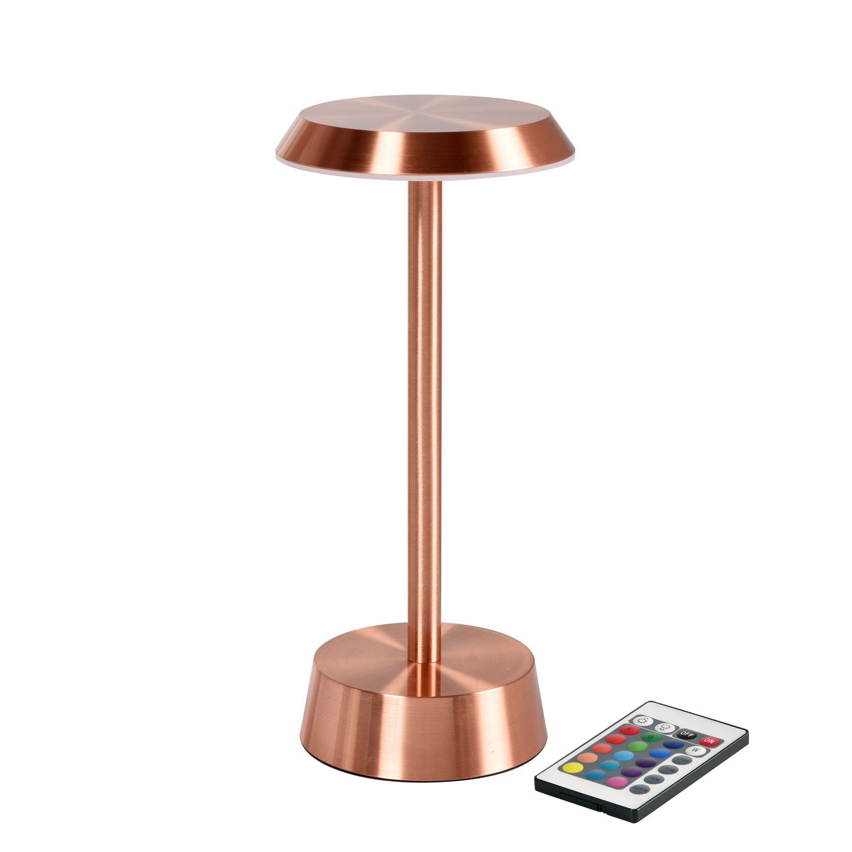 Eine roségoldene, kabellose NOUR LED-Lampe der Duni GmbH steht aufrecht mit einem runden Sockel und Schirm. Eine Fernbedienung mit farbigen Tasten ist neben dieser stilvollen LED-Lampe platziert (Packung: 1 Stück).