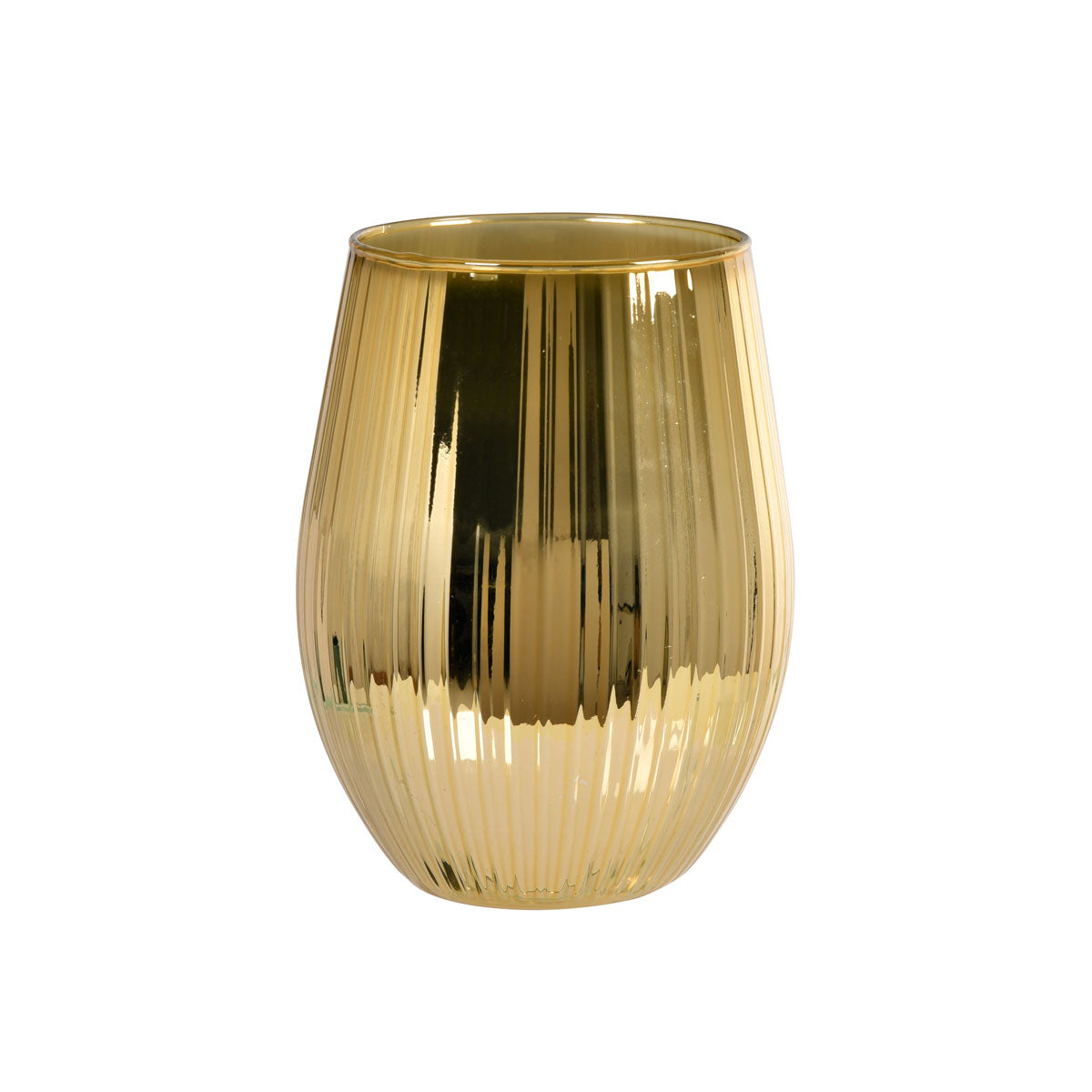 Das Kerzenglas Ritz der Duni GmbH ist eine goldfarbene, spiegelnde Glasvase (12,5cm, Ø76mm) mit vertikaler Riffelung, ideal für die festliche Dekoration - als Einzelstück verkauft und vor einem schlichten weißen Hintergrund abgebildet.