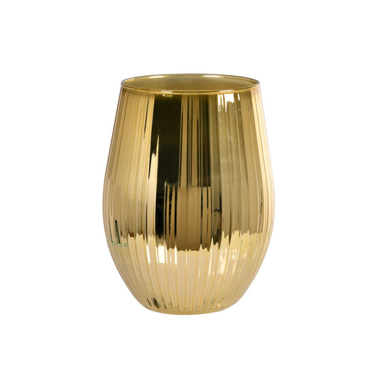 Das Kerzenglas Ritz der Duni GmbH ist eine goldfarbene, spiegelnde Glasvase (12,5cm, Ø76mm) mit vertikaler Riffelung, ideal für die festliche Dekoration - als Einzelstück verkauft und vor einem schlichten weißen Hintergrund abgebildet.