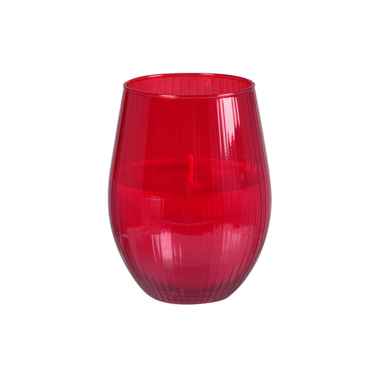 Ein roter Kerzengläser Ritz 12,5cm (Ø76mm) von Duni GmbH hält eine passende Kerze, die auf einem weißen Hintergrund präsentiert wird - ideal für eine elegante Dekoration. Erhältlich als Einzelpackung.