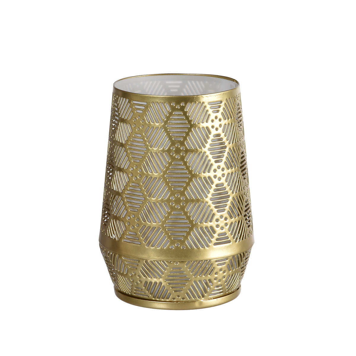 Der Kerzenhalter Metall, 7,5x10cm Anoush von Duni GmbH besticht durch sein goldfarbenes, geometrisches Design mit Glaseinsatz - eine stilvolle Geschenkidee für viele Anlässe.