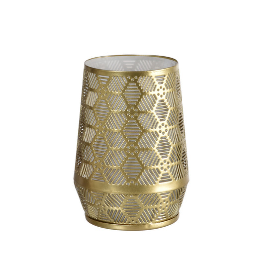 Der Kerzenhalter Metall, 7,5x10cm Anoush von Duni GmbH besticht durch sein goldfarbenes, geometrisches Design mit Glaseinsatz - eine stilvolle Geschenkidee für viele Anlässe.