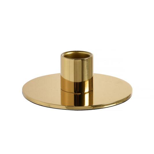 Der Kerzenhalter Metall, 9,5x3,5cm Tide von Duni GmbH ist ein goldfarbener, runder Kerzenhalter mit einem breiten flachen Sockel und zentralem zylindrischen Halter - ideal als stilvolle Wohnraumdekoration. Die Packung enthält 1 Stück.