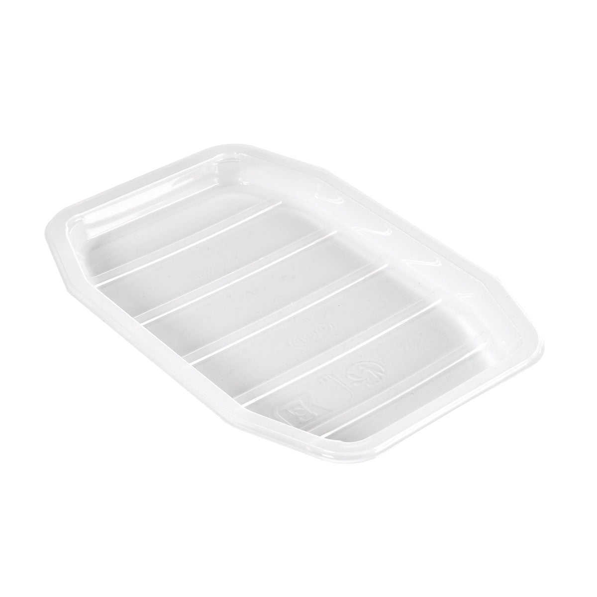 Eine klare, rechteckige 370ml PP-Schale HMR Lebensmittelschale (215x148x17mm) von Duni GmbH mit erhöhten Rändern und horizontalen Bodenrillen, fotografiert auf weiß. Vielseitig einsetzbar zum Servieren oder Aufbewahren verschiedener Lebensmittel. Karton (1 Packung).