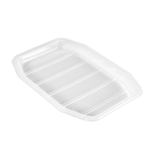 Eine klare, rechteckige 370ml PP-Schale HMR Lebensmittelschale (215x148x17mm) von Duni GmbH mit erhöhten Rändern und horizontalen Bodenrillen, fotografiert auf weiß. Vielseitig einsetzbar zum Servieren oder Aufbewahren verschiedener Lebensmittel. Karton (1 Packung).