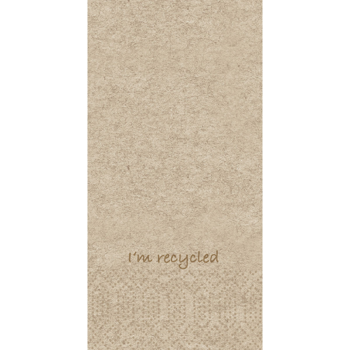Ein strukturierter, beiger Hintergrund zeigt "I'm recycled" in kleiner, hellbrauner Schrift nahe der unteren Mitte - perfekt für die Präsentation der Duni GmbH Zellt.-Serv.33x33 2lg 1/8KF. I'm recycled 300P. | Packung (300 Stück) recycelte Zellstoffservietten.