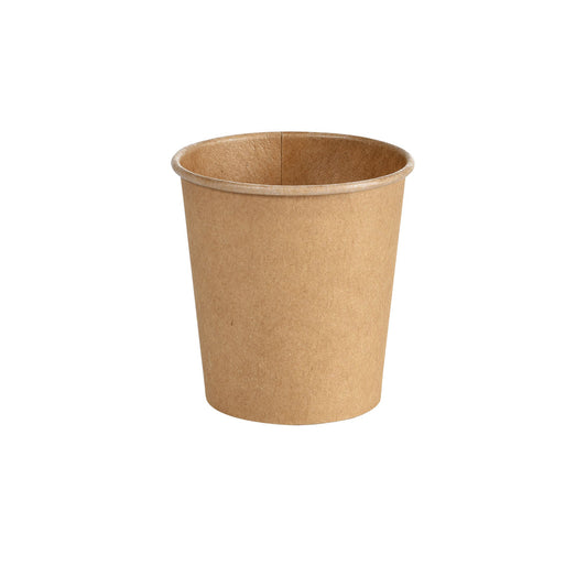 Der Becher für Spender 120ml von Duni GmbH aus braunem PAP/WBC wird leer und zylindrisch mit gerolltem Rand vor weißem Hintergrund gezeigt. Die Packung enthält 50 umweltfreundliche Becher.