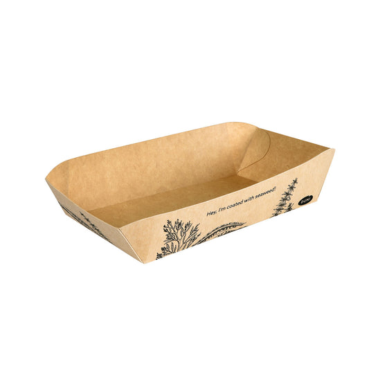 Die Alga Schale rechteckig 160x85x40mm, braun | Karton von Duni GmbH ist eine braune, rechteckige, kompostierbare Schale mit abgerundeten Kanten und Algenabbildungen sowie dem Text "Hey, ich bin mit Algen bedeckt!" im Inneren.