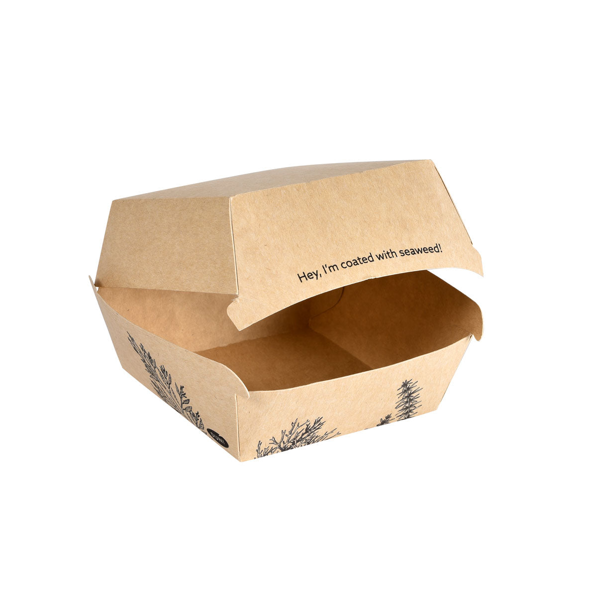 Eine braune Alga Clamshell-Box 500ml (120x120x75mm) von Duni GmbH aus Karton, mit schwarzer Pflanzengrafik, offen und leer dargestellt. Innenseite des Deckels: "Hey, ich bin mit Algen bedeckt!" - eine nachhaltige Verpackungslösung.