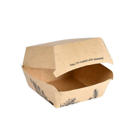 Eine braune Alga Clamshell-Box 500ml (120x120x75mm) von Duni GmbH aus Karton, mit schwarzer Pflanzengrafik, offen und leer dargestellt. Innenseite des Deckels: "Hey, ich bin mit Algen bedeckt!" - eine nachhaltige Verpackungslösung.