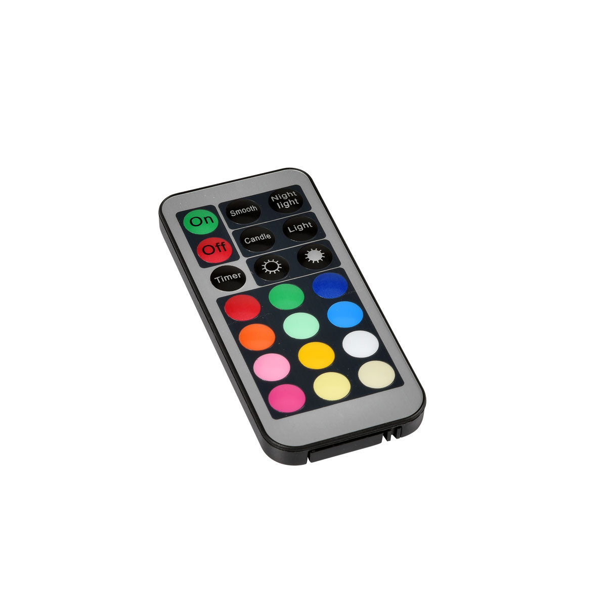 Das Duni GmbH LED-Set Fernbedienung Multicolour (40 x 85mm, Silber) verfügt über mehrfarbige kreisförmige Tasten für Power, Timer, Beleuchtungsmodi und Farbauswahl, mit deutlich beschrifteten Funktionen. Abgebildet isoliert auf weißem Hintergrund.