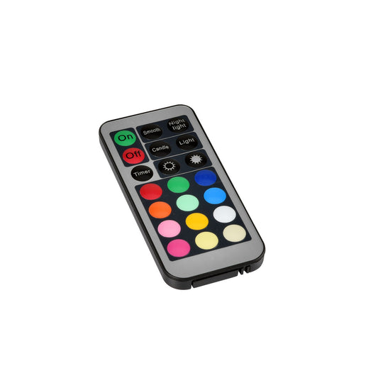 Das Duni GmbH LED-Set Fernbedienung Multicolour (40 x 85mm, Silber) verfügt über mehrfarbige kreisförmige Tasten für Power, Timer, Beleuchtungsmodi und Farbauswahl, mit deutlich beschrifteten Funktionen. Abgebildet isoliert auf weißem Hintergrund.