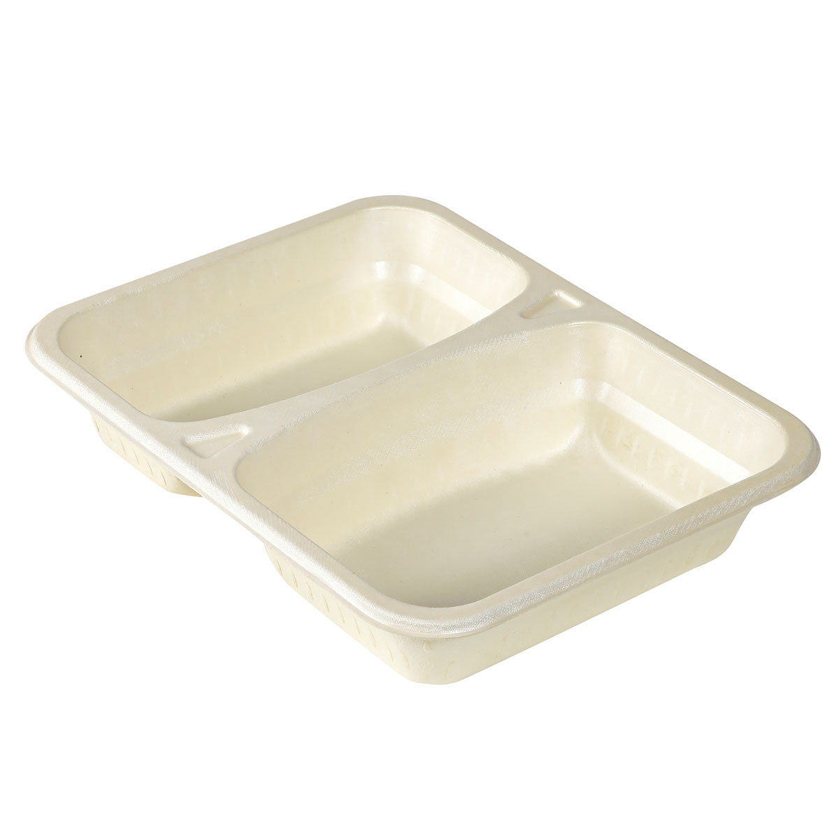 Ein beigefarbenes, rechteckiges FIBER Schalen Tablett (227x178x45mm) von Duni GmbH, 2 Fächer, aus umweltfreundlichem Material - ideal für die Gastronomie - auf weißem Hintergrund. Verpackt als 1 Karton (Packung).