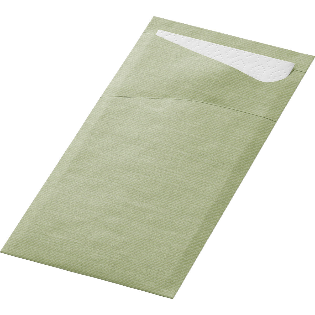 Ein rechteckiges pistaziengrünes SACCHETTO 190x85mm von Duni GmbH mit weißem Serv.weiss-Futter, abgebildet auf weißem Hintergrund und mit umweltfreundlicher Verpackung. Packung (100 Stück).