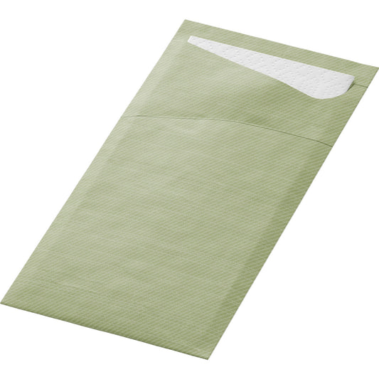 Ein rechteckiges pistaziengrünes SACCHETTO 190x85mm von Duni GmbH mit weißem Serv.weiss-Futter, abgebildet auf weißem Hintergrund und mit umweltfreundlicher Verpackung. Packung (100 Stück).