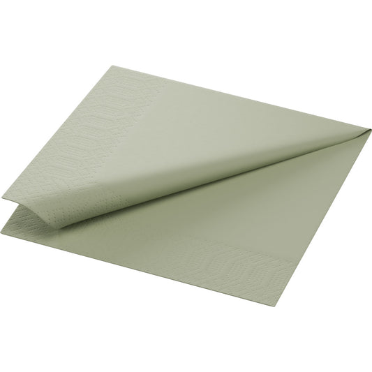 Eine Zellt.Serv.33x33 3lg. 1/4 pistaziengrüne Serviette von Duni GmbH ist teilweise diagonal gefaltet und zeigt ihr subtiles geprägtes geometrisches Randmuster; jede hochwertige Papierserviette misst 33x33 cm. Packung enthält 250 Stück.