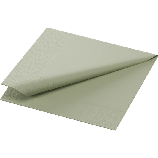 Eine einzelne Duni GmbH Zellt.-Serv. 24x24 3lg. Serviette in Pistaziengrün (aus einer Packung mit 250 Stück) liegt ungefaltet und flach, eine Ecke leicht angehoben, um die geprägten Ränder und ein subtiles geometrisches Muster zu zeigen.
