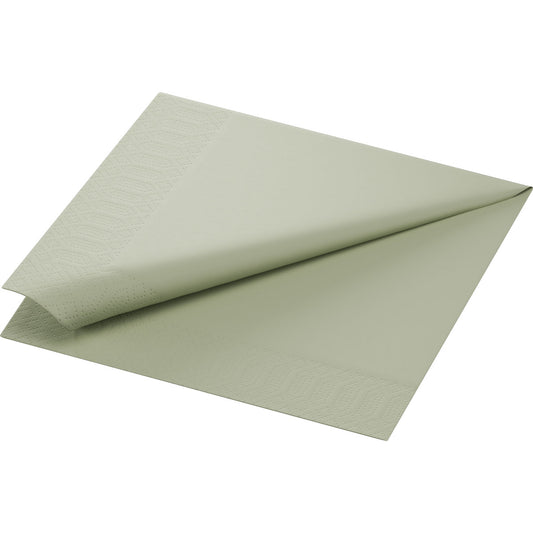 Eine fein säuberlich gefaltete Duni GmbH Zellt.Serv.40x40 3lg. 1/4 F., pistaziengrüne Serviette (250 Stück), mit dezenter Prägung an den Rändern, auf weißem Hintergrund.