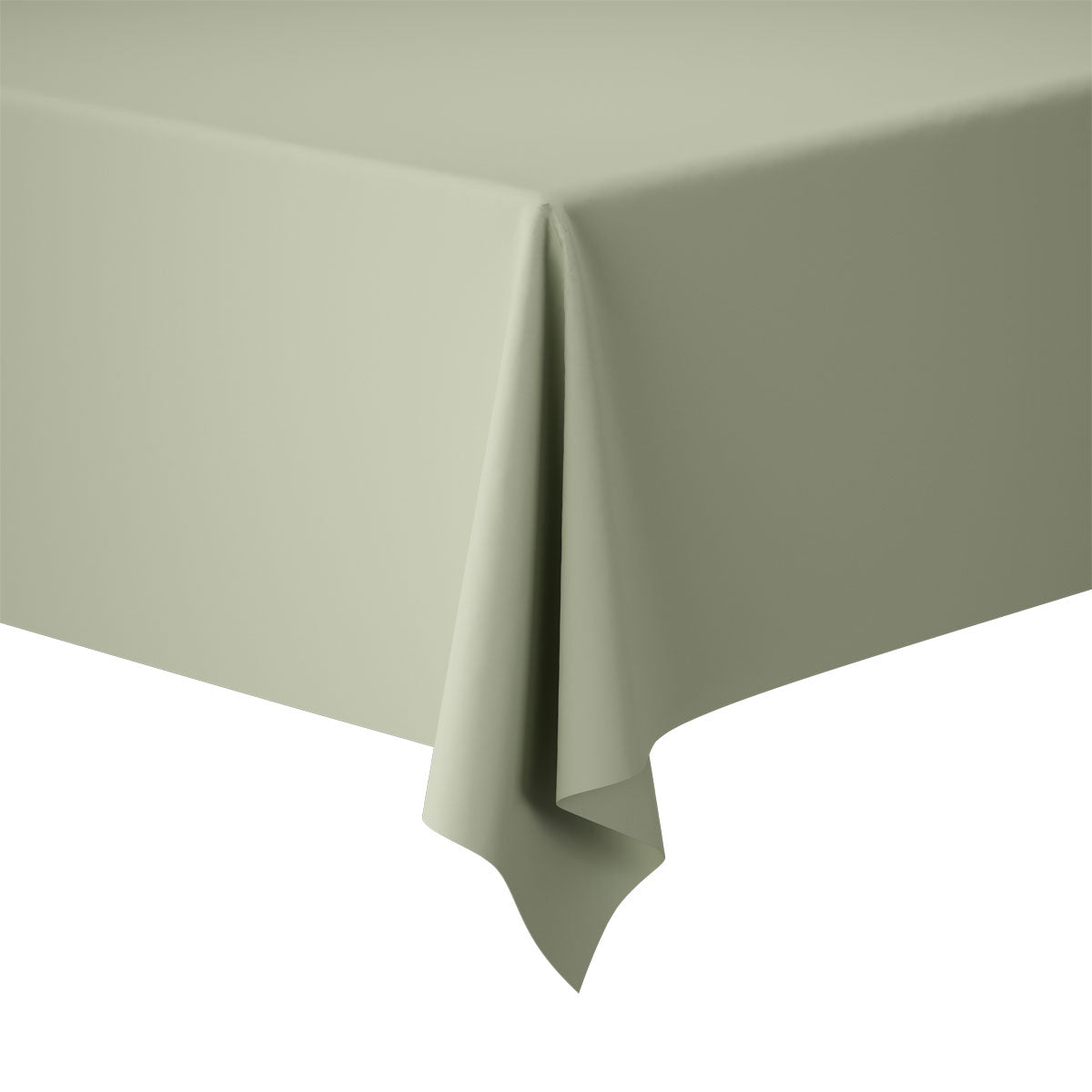 Nahaufnahme eines rechteckigen Tisches, der mit einer pistaziengrünen Tischdecke Dunicel-Rolle 25x1,18m der Duni GmbH gedeckt ist. Der Stoff hängt sanft über die Ecke und verleiht dem gedeckten Tisch vor weißem Hintergrund einen eleganten Touch.