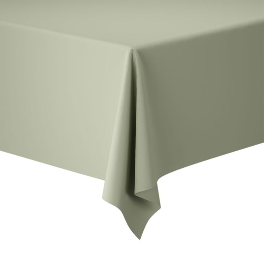 Nahaufnahme eines rechteckigen Tisches, der mit einer pistaziengrünen Tischdecke Dunicel-Rolle 25x1,18m der Duni GmbH gedeckt ist. Der Stoff hängt sanft über die Ecke und verleiht dem gedeckten Tisch vor weißem Hintergrund einen eleganten Touch.
