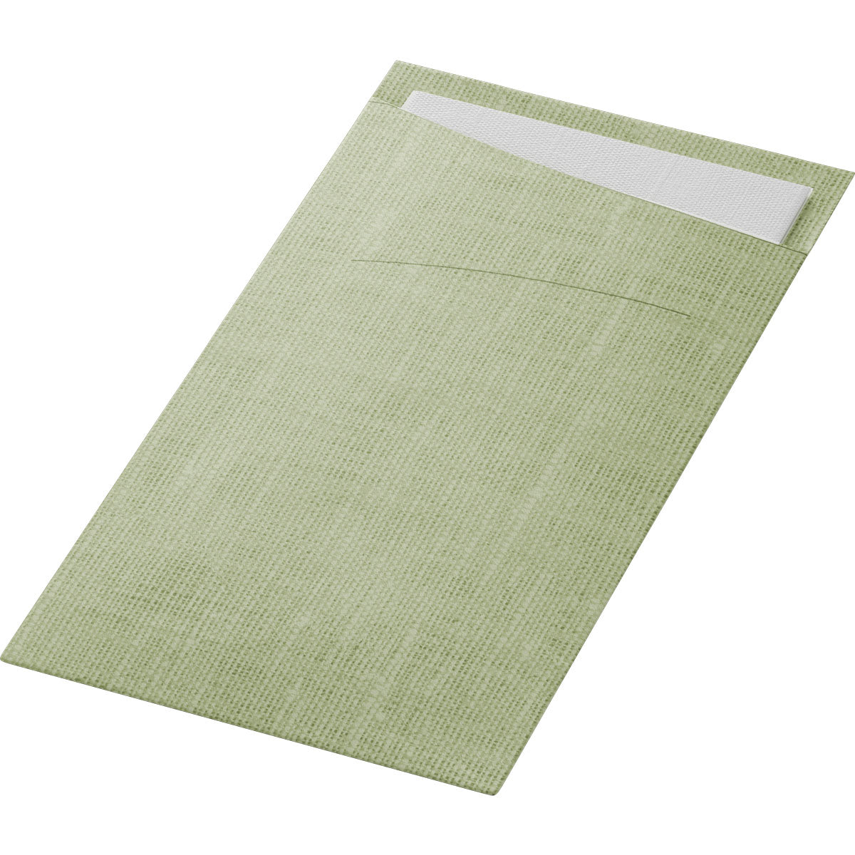 Die SACCHETTO Bio D-Soft von Duni GmbH ist eine hellgrüne, strukturierte, rechteckige Serviette mit einer Tasche, in der eine weiße Serviette Platz findet. Hergestellt aus umweltfreundlichem Material, dient sie als umweltfreundliche Tasche für zusätzliche Nachhaltigkeit.
