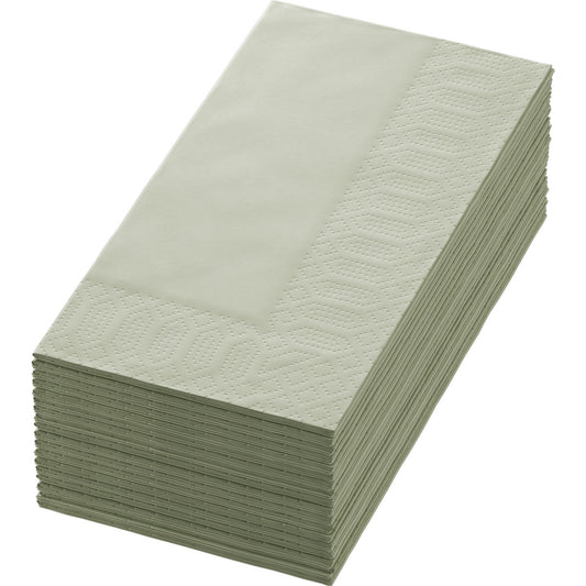 Ein Stapel Duni GmbH Zellt.Serv. 40x40 cm, 3-lagige Servietten in Pistaziengrün mit geprägtem Rand, 1/8 Falz, Packung mit 250 Stück.
