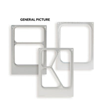 Three rectangular metal frames from Duni GmbH, suitable for the cassette DF15/25 2-CAV for Ronda wide (1 package), stand upright with various cutout patterns against a white background. Above the left frame is "GENERAL PICTURE".
