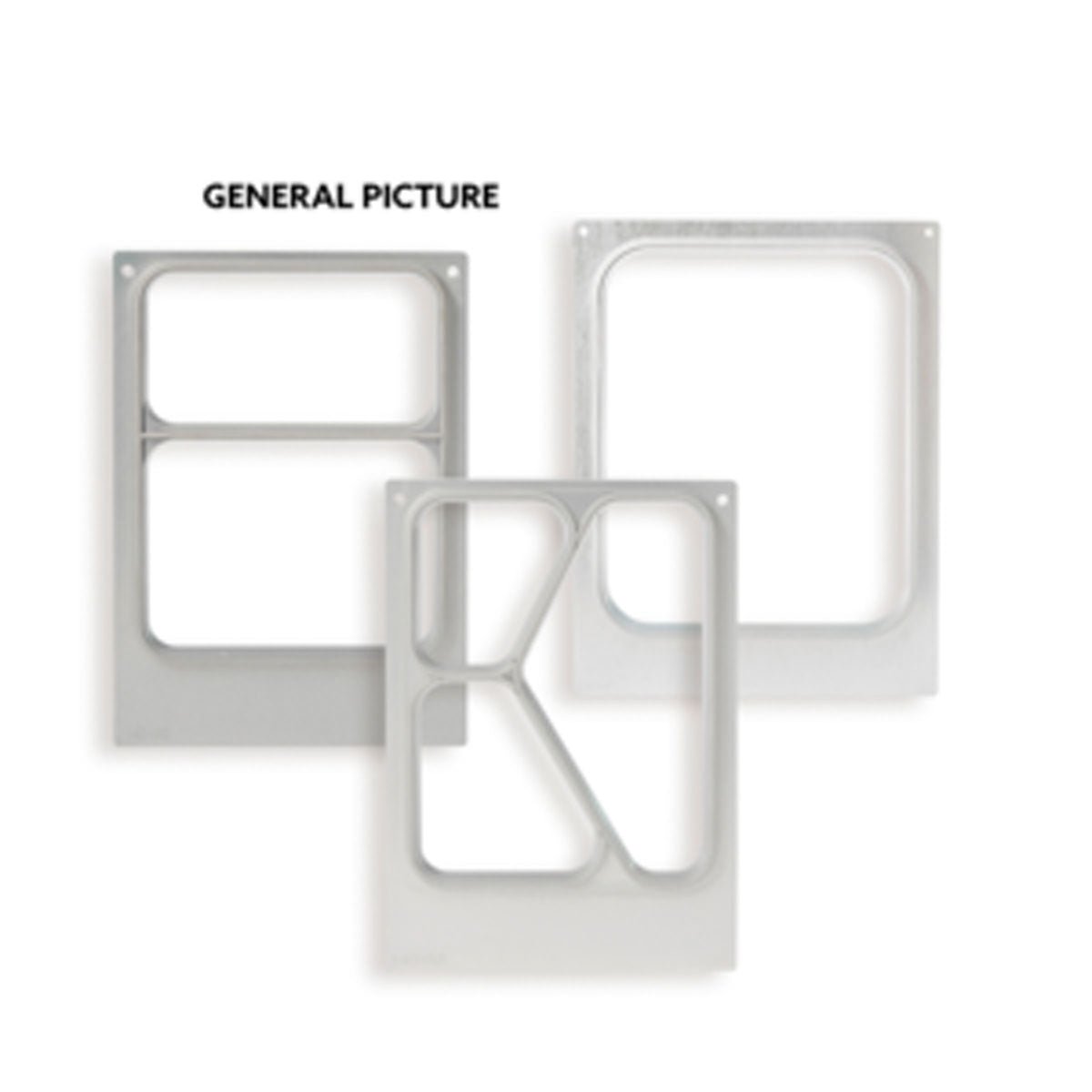 On a white background, three rectangular metal frames with different partition patterns are depicted. Above the frames, "GENERAL PICTURE" highlights the flexibility of the DF15/25 1-CAV cassette for Ronda wide+ | Box (1 pack) by Duni GmbH.