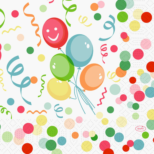Die Duni GmbH Zellt.-Serv.33x33 3lg 1/4 Happy Bubbles Ballon Servietten (50 Stück) zeigen eine festliche Ansammlung von bunten Ballons, darunter ein lächelnder Happy Bubbles Ballon, mit lebhaftem Konfetti und Luftschlangen - perfekt für jede Partydekoration.